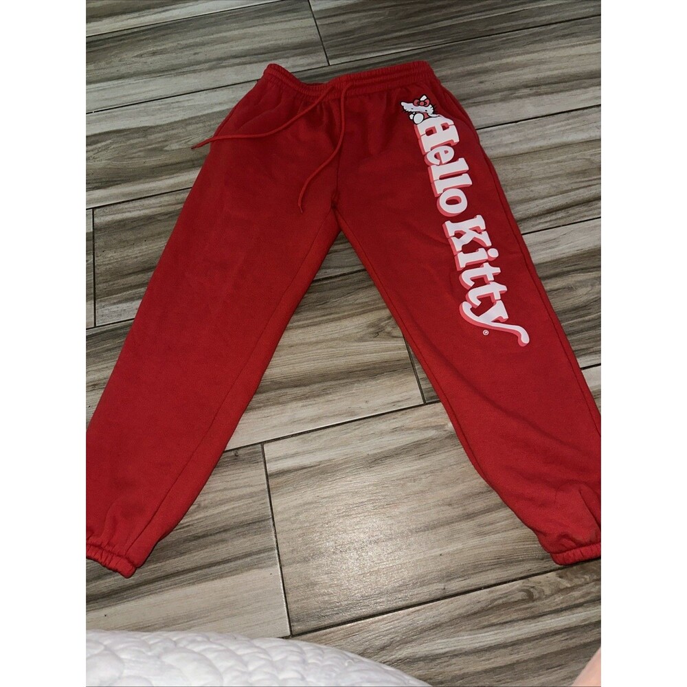 Hello Kitty Sweatpants Womens Med Red Sanrio Graphic Fleece Lined Drawstring